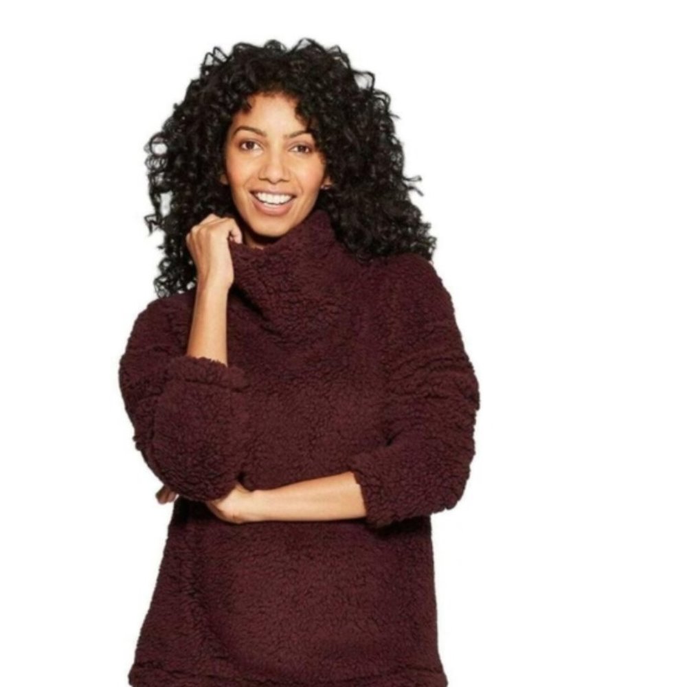 NEW! SUPER SOFT Cowl Neck Sherpa Sweater, Burgundy